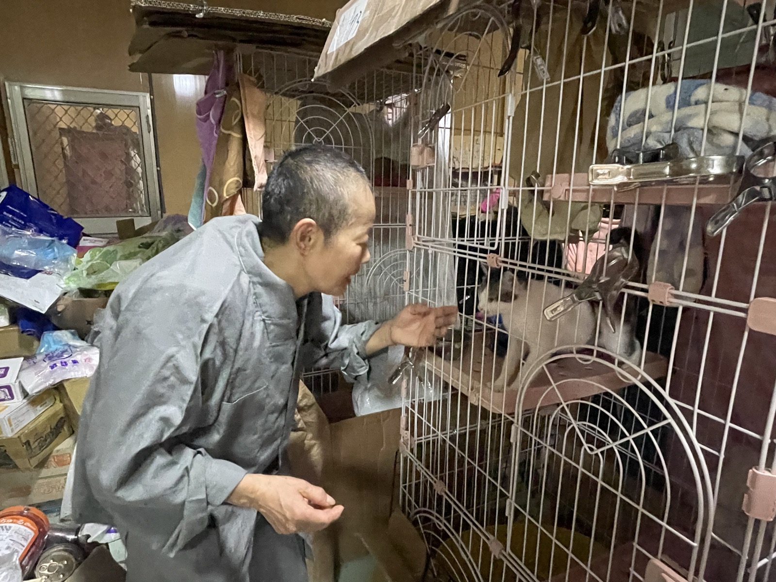 師父側身和籠中的貓互動