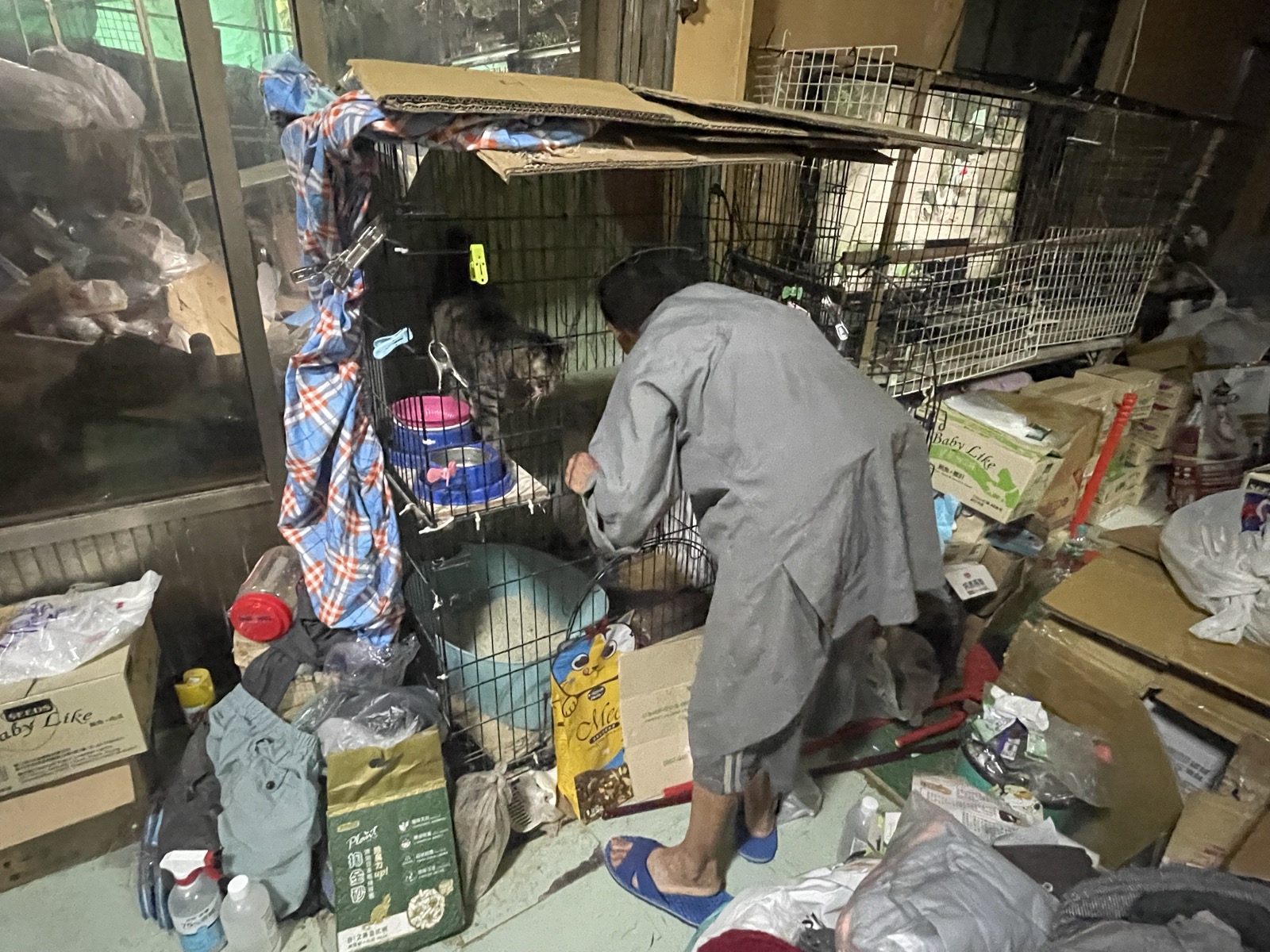 師父在屋裡整理貓籠